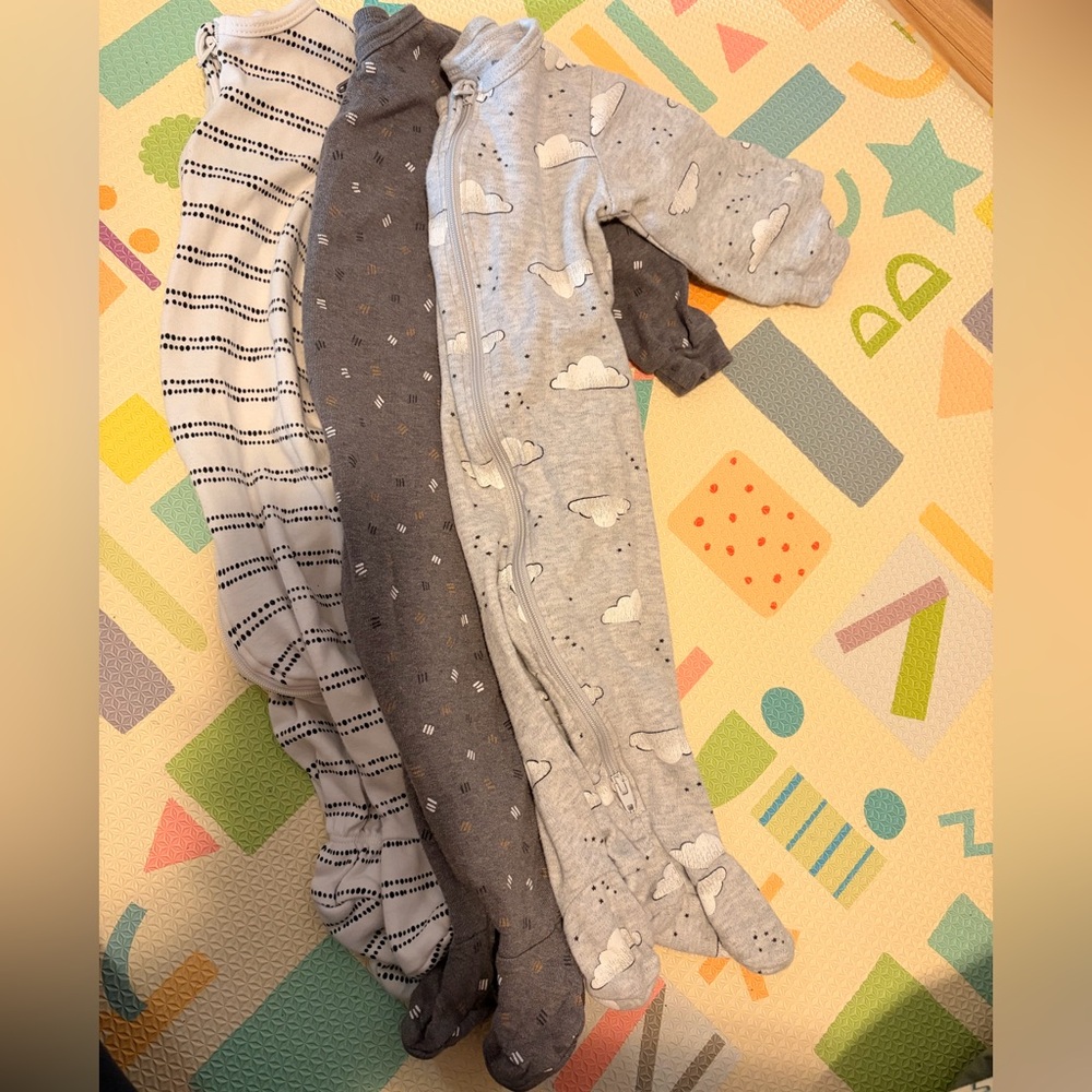 Petit Lem Baby Footed One-Pieces in Gray, Light Gray, and White 6 M